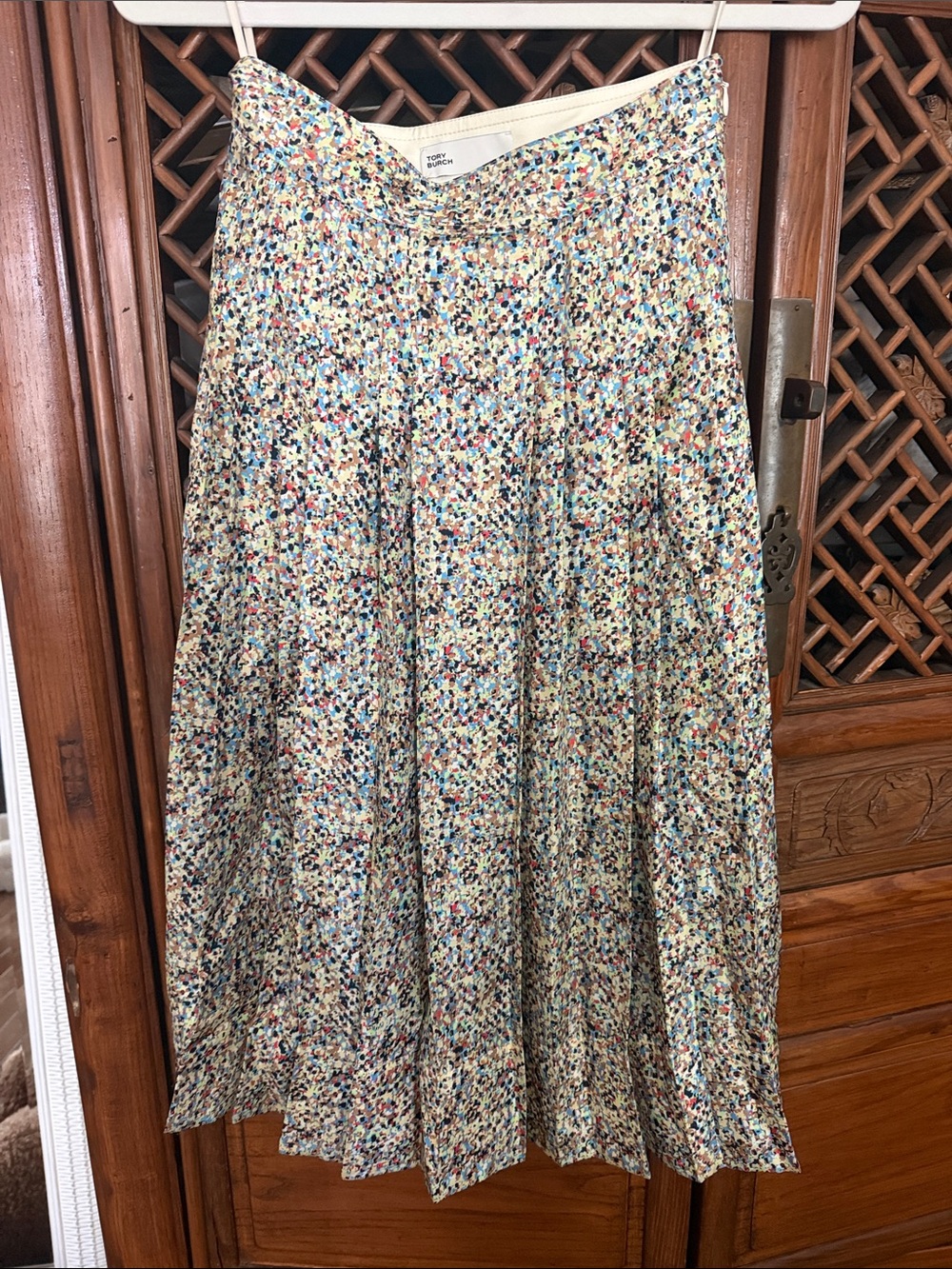 Tory Burch Cream Pleated Midi Skirt with Multi-Color Speckle